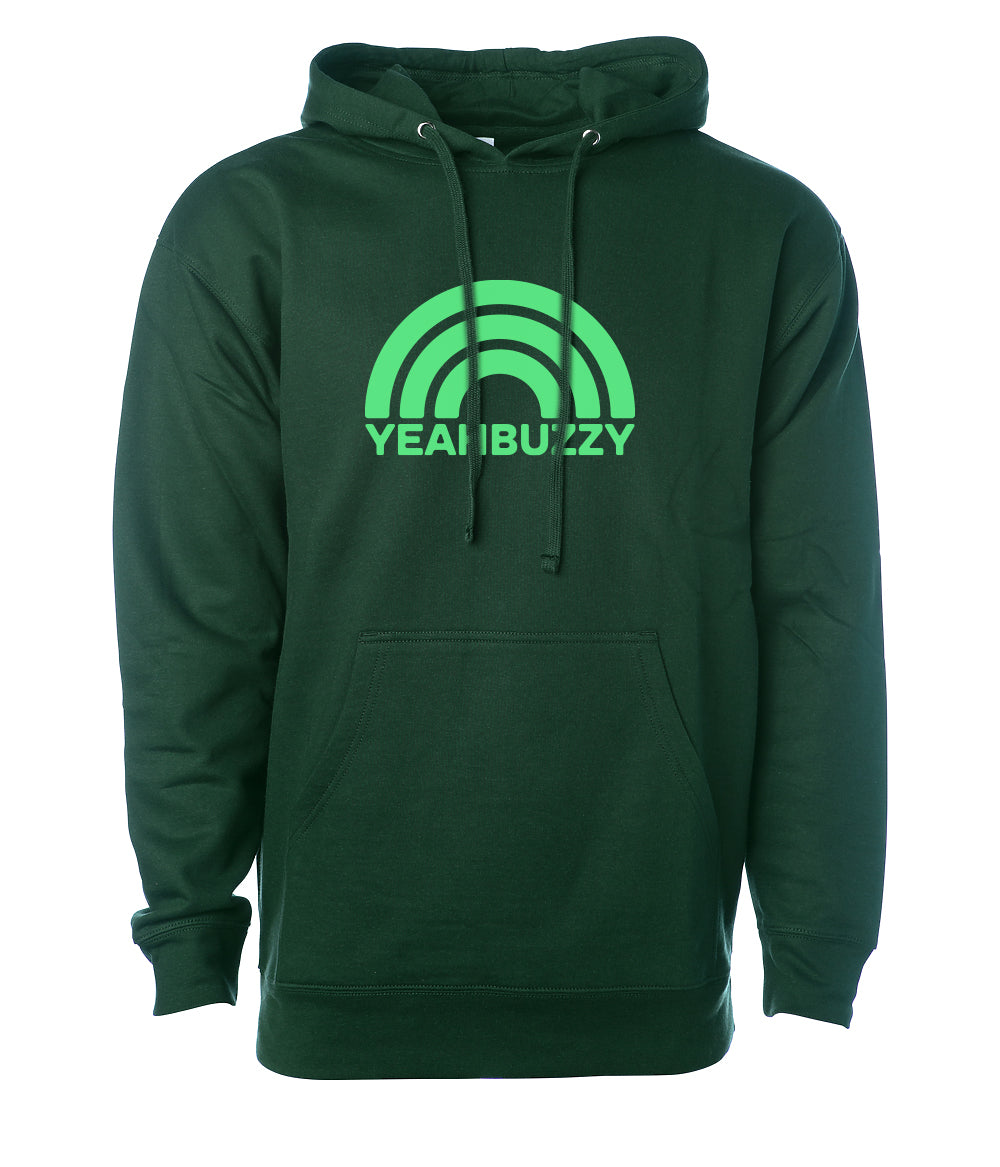 Cotton polyester blend forest green hoodie with screen printed Yeahbuzzy rainbow graphic in a neon mint green